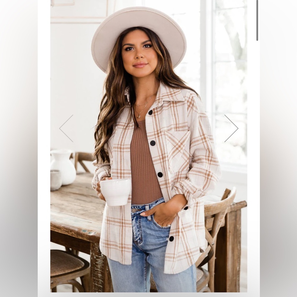 Pink Lilly Chic Edge Beige Plaid Flannel Shacket - XS